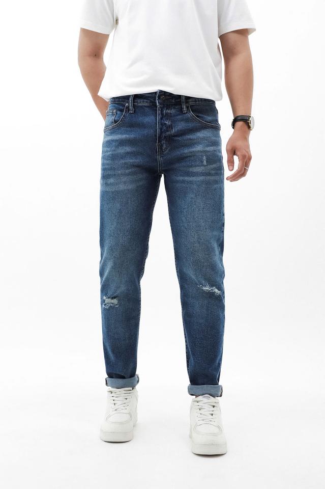 QUẦN JEAN SLIM FIT XANH RÁCH GỐI WASH 250516
