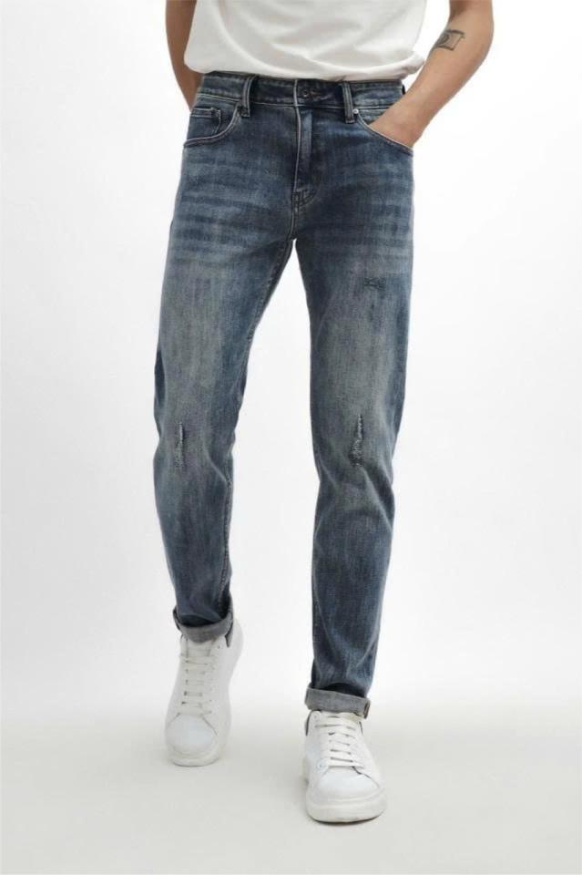 QUẦN JEAN SLIM FIT XANH WASH RÁCH CÀO 230307